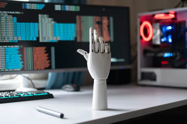 a artificial intelligence device namley a robot hand part of the same group of technology investments as the first robotic picture, hand is singular robotic and on a desk with a computer. the pic is part of a private equity investment