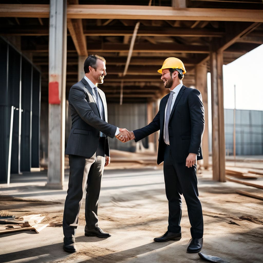two men shaking hands outside a joint venture property