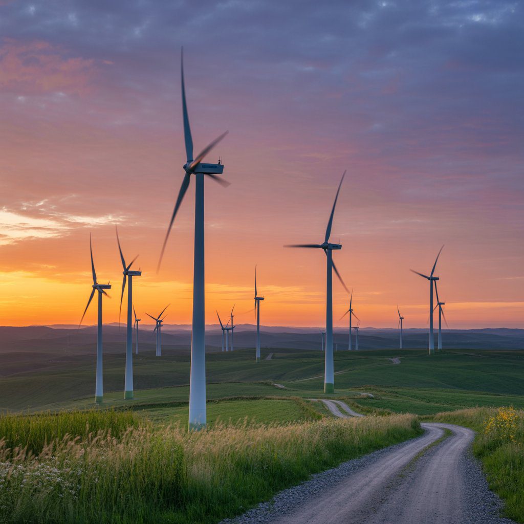 Wind turbines on a hillside at sunset