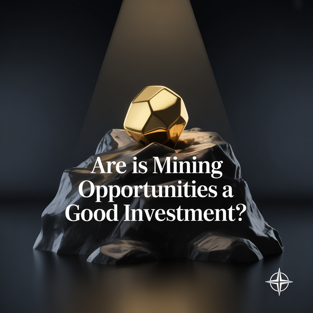 are mining opportunities in white text with image of gold egg on rock